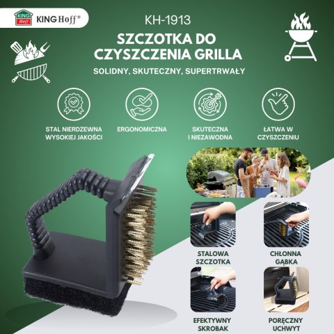 SZCZOTKA DO CZYSZCZENIA GRILLA 3W1, SKROBAK + GĄBKA + SZCZOTKA, KINGHOFF KH-1913