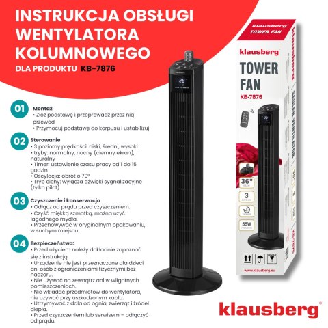 WENTYLATOR KOLUMNOWY PODŁOGOWY Z PILOTEM 55W KLAUSBERG KB-7876