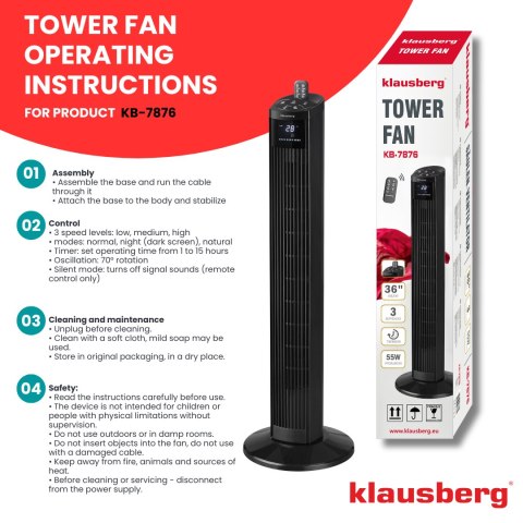 WENTYLATOR KOLUMNOWY PODŁOGOWY Z PILOTEM 55W KLAUSBERG KB-7876