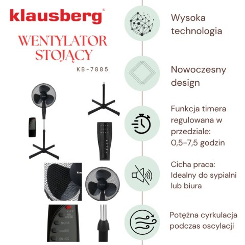 WENTYLATOR PODŁOGOWY Z PILOTEM I TIMEREM 40CM 50W KLAUSBERG KB-7885