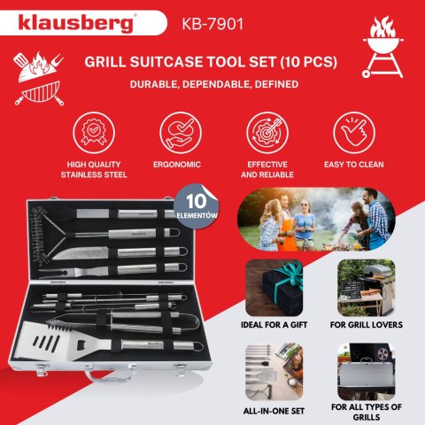 ZESTAW PRZYBORÓW DO GRILLA, 10 ELEMENTÓW, NARZĘDZIA DO GRILLOWANIA, KLAUSBERG KB-7901