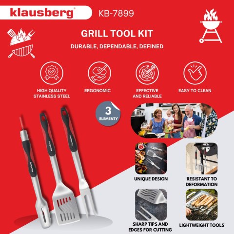 ZESTAW PRZYBORÓW DO GRILLA, 3 ELEMENTY, NARZĘDZIA DO GRILLOWANIA, KLAUSBERG KB-7899