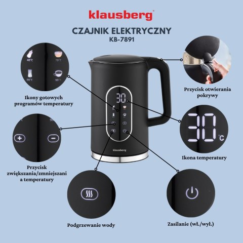 CZAJNIK ELEKTRYCZNY Z REGULACJĄ TEMPERATURY 1.7L BEZPRZEWODOWY CZARNY KLAUSBERG KB-7891