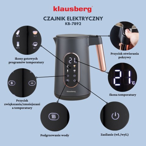 CZAJNIK ELEKTRYCZNY Z REGULACJĄ TEMPERATURY 1.7L BEZPRZEWODOWY CZARNY KLAUSBERG KB-7892