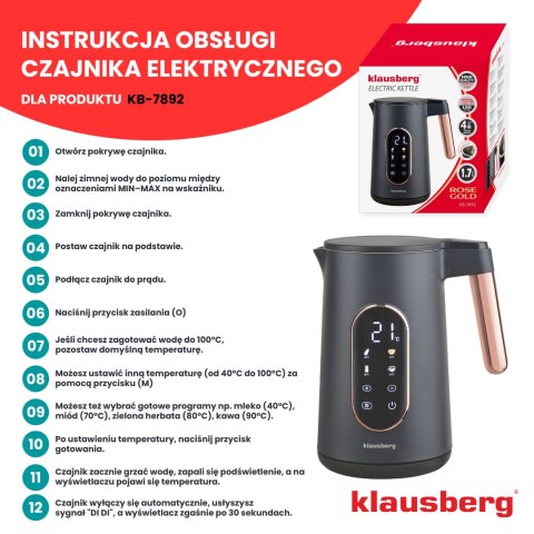 CZAJNIK ELEKTRYCZNY Z REGULACJĄ TEMPERATURY 1.7L BEZPRZEWODOWY CZARNY KLAUSBERG KB-7892