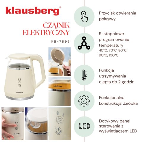 CZAJNIK ELEKTRYCZNY Z REGULACJĄ TEMPERATURY MAŁY 1.0L BEZPRZEWODOWY KREMOWY KLAUSBERG KB-7893