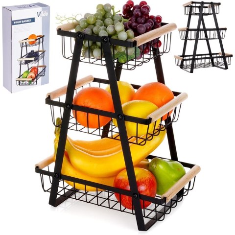 KOSZYK KOSZ NA OWOCE WARZYWA METALOWY CZARNY PIĘTROWY 3-POZIOMOWY VILDE 229097