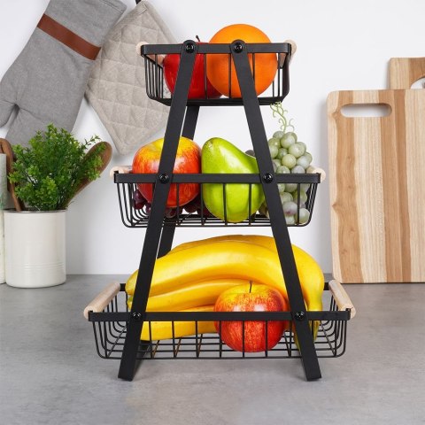 KOSZYK KOSZ NA OWOCE WARZYWA METALOWY CZARNY PIĘTROWY 3-POZIOMOWY VILDE 229097