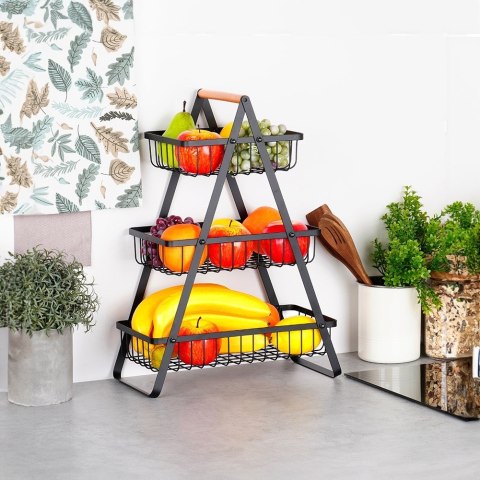 KOSZYK KOSZ NA OWOCE WARZYWA METALOWY CZARNY PIĘTROWY 3-POZIOMOWY VILDE 229115