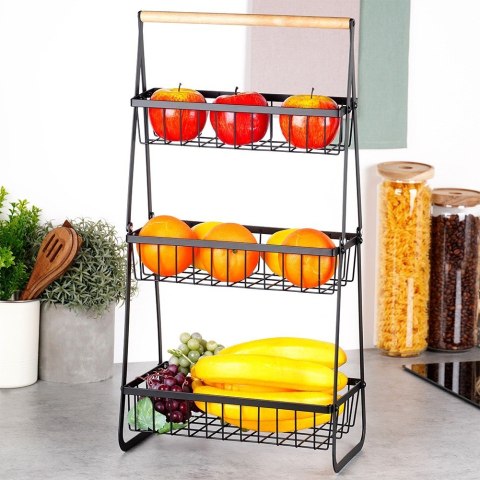 KOSZYK KOSZ NA OWOCE WARZYWA METALOWY CZARNY PIĘTROWY 3-POZIOMOWY VILDE 229156