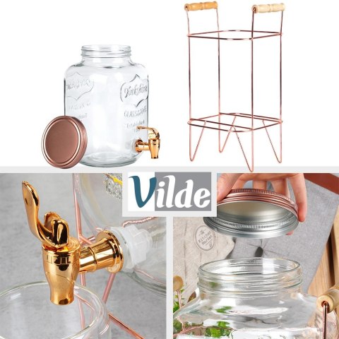 SŁÓJ SŁOIK DO NAPOJÓW Z KRANIKIEM I STOJAKIEM KRAN NA NAPOJE WODĘ LEMONIADĘ 4.2L RÓŻOWE ZŁOTO VILDE 139602