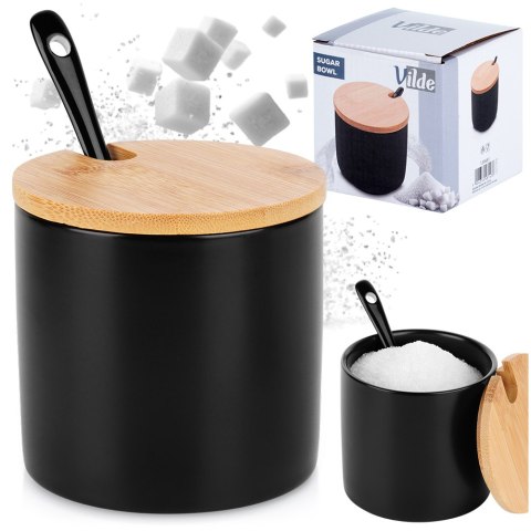 CUKIERNICZKA CERAMICZNA Z ŁYŻECZKĄ CZARNA OKRĄGŁA CUKIERNICA POJEMNIK NA CUKIER 250ML VILDE 139681