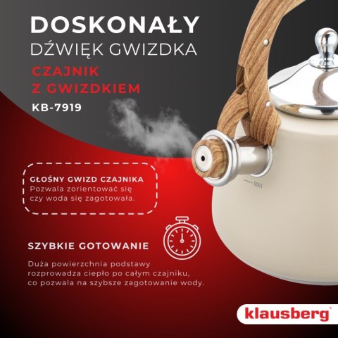 CZAJNIK STALOWY NA GAZ 2.8L INDUKCJA BEŻOWY MATOWY KLAUSBERG KB-7919