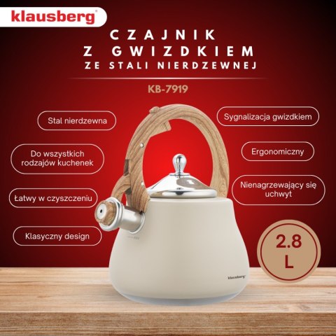 CZAJNIK STALOWY NA GAZ 2.8L INDUKCJA BEŻOWY MATOWY KLAUSBERG KB-7919
