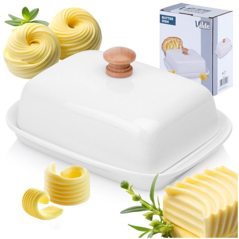 MASELNICZKA CERAMICZNA MASELNICA POJEMNIK NA MASŁO BIAŁA DREWNIANY UCHWYT VILDE 139678