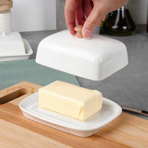 MASELNICZKA CERAMICZNA MASELNICA POJEMNIK NA MASŁO BIAŁA DREWNIANY UCHWYT VILDE 139678