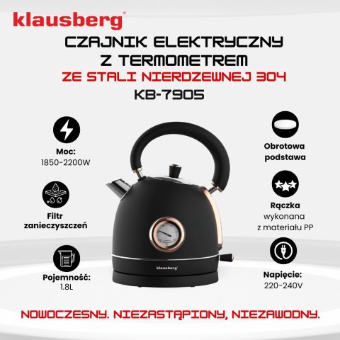 CZAJNIK ELEKTRYCZNY Z TERMOMETREM STAL NIERDZEWNA 1.8L 2200W KLAUSBERG KB-7905 CZARNY/ROSE GOLD