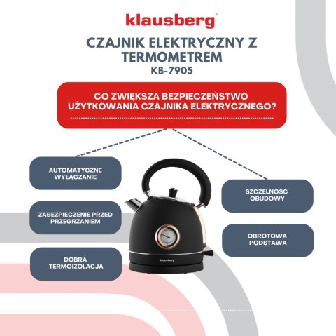 CZAJNIK ELEKTRYCZNY Z TERMOMETREM STAL NIERDZEWNA 1.8L 2200W KLAUSBERG KB-7905 CZARNY/ROSE GOLD