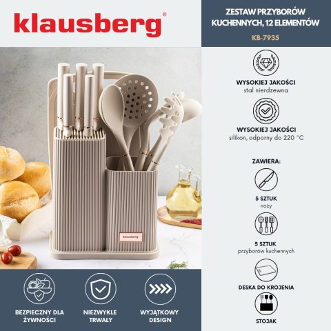 ZESTAW NOŻY KUCHENNYCH W BLOKU Z PRZYBORAMI KUCHENNYMI I DESKĄ DO KROJENIA 12-ELE KLAUSBERG KB-7935
