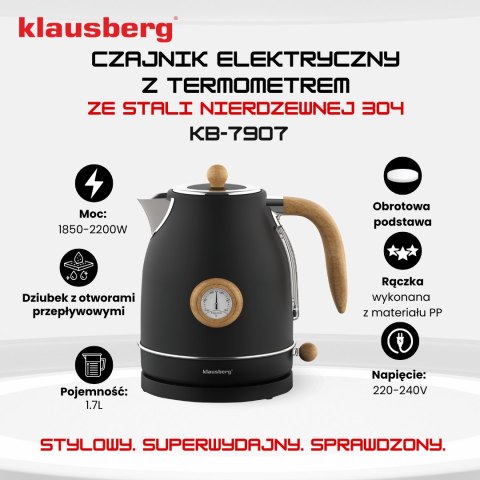 CZAJNIK ELEKTRYCZNY Z TERMOMETREM STAL NIERDZEWNA 1.7L 2200W KLAUSBERG KB-7907 CZARNY