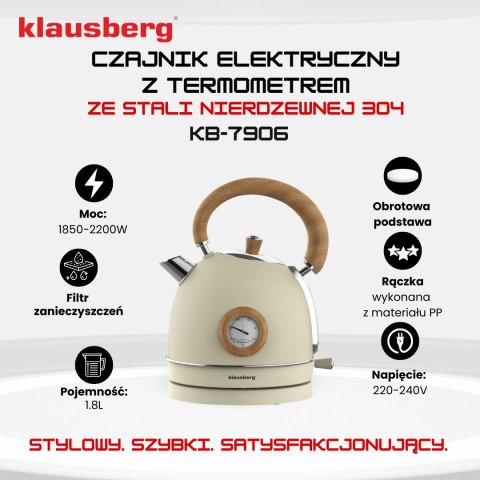 CZAJNIK ELEKTRYCZNY Z TERMOMETREM STAL NIERDZEWNA 1.8L 2200W KLAUSBERG KB-7905 BEŻOWY