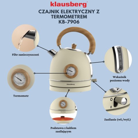 CZAJNIK ELEKTRYCZNY Z TERMOMETREM STAL NIERDZEWNA 1.8L 2200W KLAUSBERG KB-7905 BEŻOWY