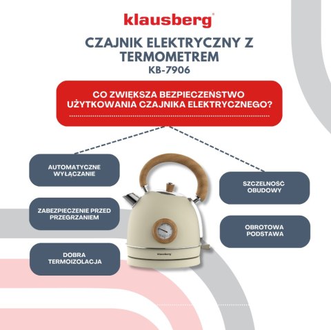 CZAJNIK ELEKTRYCZNY Z TERMOMETREM STAL NIERDZEWNA 1.8L 2200W KLAUSBERG KB-7905 BEŻOWY