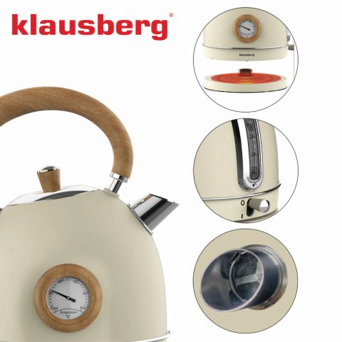 CZAJNIK ELEKTRYCZNY Z TERMOMETREM STAL NIERDZEWNA 1.8L 2200W KLAUSBERG KB-7905 BEŻOWY