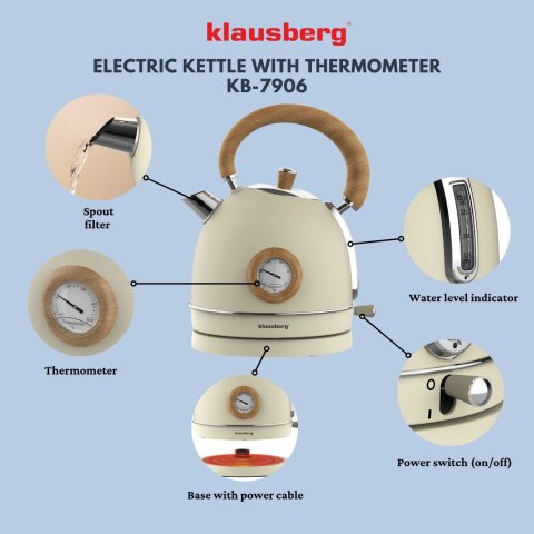 CZAJNIK ELEKTRYCZNY Z TERMOMETREM STAL NIERDZEWNA 1.8L 2200W KLAUSBERG KB-7905 BEŻOWY