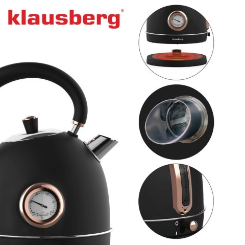 CZAJNIK ELEKTRYCZNY Z TERMOMETREM STAL NIERDZEWNA 1.8L 2200W KLAUSBERG KB-7905 CZARNY/ROSE GOLD