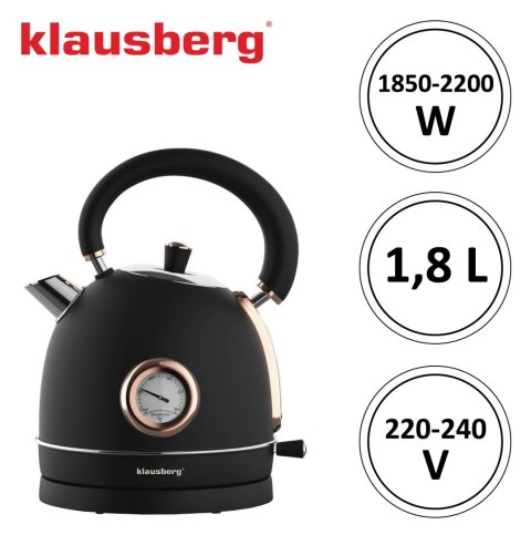 CZAJNIK ELEKTRYCZNY Z TERMOMETREM STAL NIERDZEWNA 1.8L 2200W KLAUSBERG KB-7905 CZARNY/ROSE GOLD