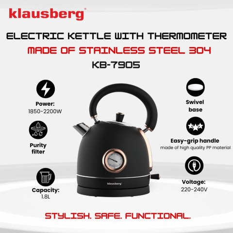 CZAJNIK ELEKTRYCZNY Z TERMOMETREM STAL NIERDZEWNA 1.8L 2200W KLAUSBERG KB-7905 CZARNY/ROSE GOLD