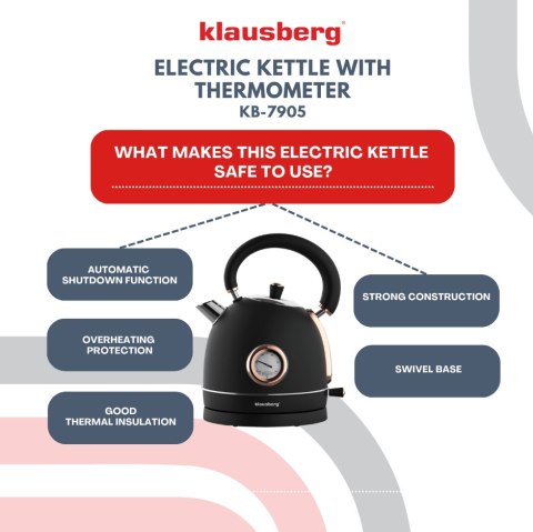 CZAJNIK ELEKTRYCZNY Z TERMOMETREM STAL NIERDZEWNA 1.8L 2200W KLAUSBERG KB-7905 CZARNY/ROSE GOLD
