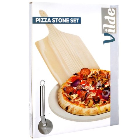 KAMIEŃ DO PIECZENIA PIZZY SZAMOTOWY Z ŁOPATĄ I NOŻEM 3 ELEMENTY VILDE 279072