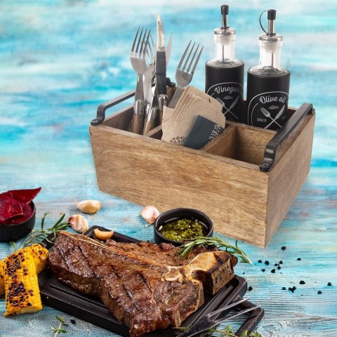 Stojak na sztućce sosy przyprawy drewniany uniwersalny skrzynka MANGO ORION 154304