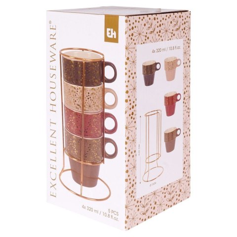 Kubki porcelanowe do kawy herbaty ze stojakiem 230 ml zestaw kubków 4 sztuki EXCELLENT HOUSEWARE 139235