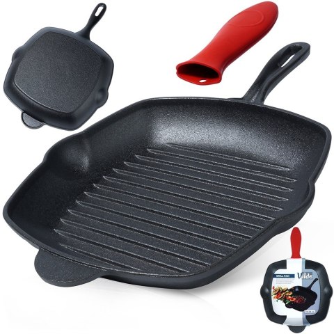 Patelnia grillowa do grillowania GRILL żeliwna kwadratowa z silikonową nakładką CAST LINE 28x28 cm VILDE 199045