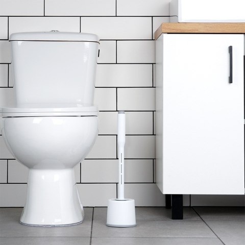 Szczotka do czyszczenia WC toalety silikonowa ze stojakiem dozownikiem płynu biała VILDE 568073