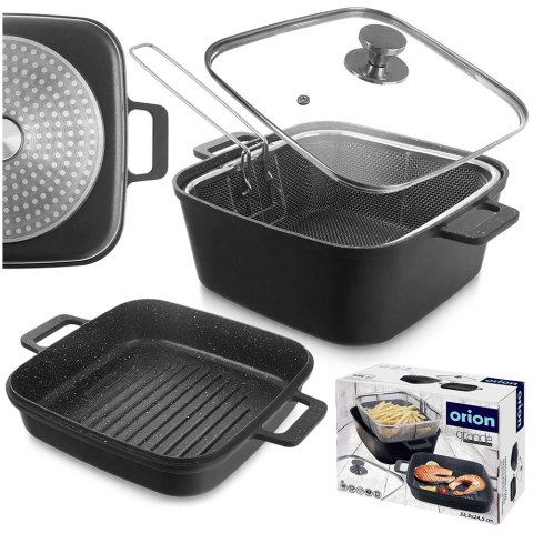 Garnek granitowy z pokrywką patelnią grillową koszykiem GRANDE 2+4L ORION 127036