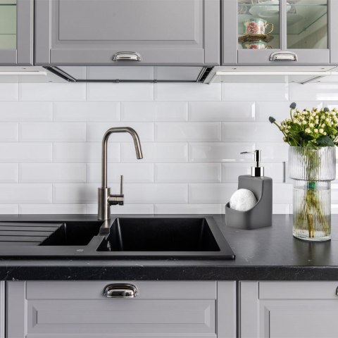 Dozownik płynu do naczyń z pojemnikiem na gąbkę ceramiczny szary 350ml VILDE 530720