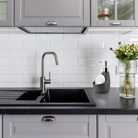 Dozownik płynu do naczyń z pojemnikiem na gąbkę ceramiczny szary 360ml VILDE 530723