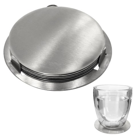 Podstawki pod kubek kubki stalowe podkładki ze stojakiem srebrne 10cm 6 sztuk EXCELLENT HOUSEWARE 139136