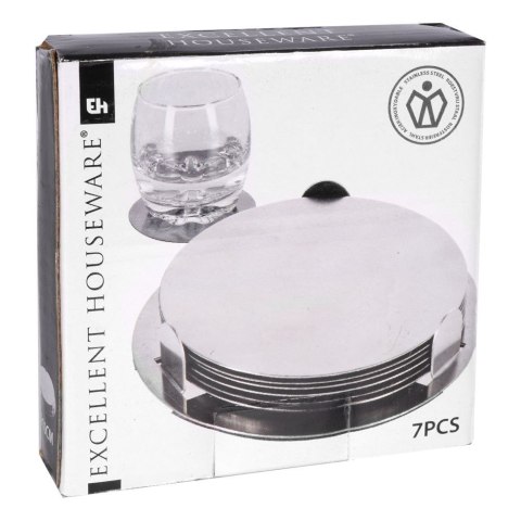 Podstawki pod kubek kubki stalowe podkładki ze stojakiem srebrne 10cm 6 sztuk EXCELLENT HOUSEWARE 139136
