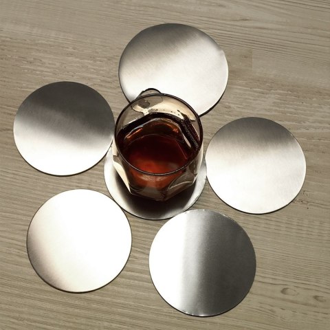 Podstawki pod kubek kubki stalowe podkładki ze stojakiem srebrne 10cm 6 sztuk EXCELLENT HOUSEWARE 139136