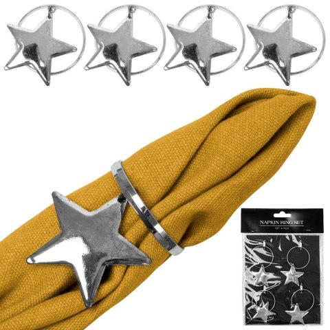 Obrączki pierścienie na serwetki metalowe srebrne gwiazdki 4cm 4 sztuki VILDE 139230