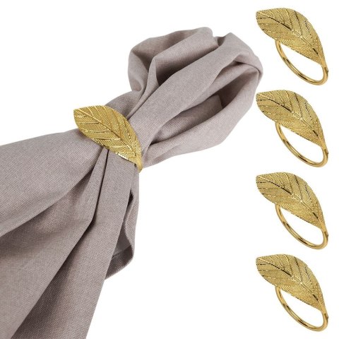 Obrączki pierścienie na serwetki metalowe złote liście 4.5cm 4 sztuki VILDE 139081