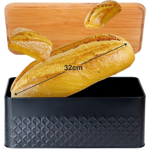 Chlebak metalowy pojemnik na chleb pieczywo z deską drewnianą czarny 33.5x18.5x12.5cm VILDE 259623