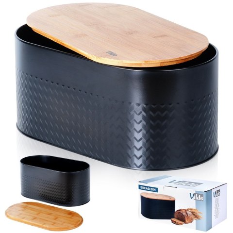 Chlebak stalowy pojemnik na pieczywo chleb bułki z deską drewnianą czarny 34x18.5x15.5cm VILDE 259624