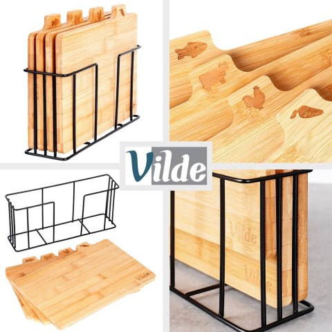 Zestaw desek deski do krojenia bambusowe ze stojakiem 4-ele 28x20cm VILDE 259004
