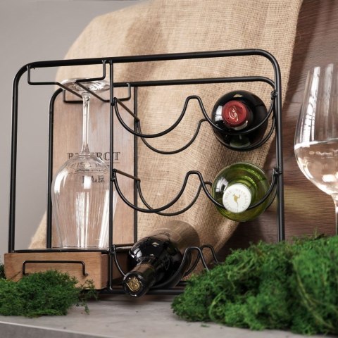 Stojak na wino i kieliszki do wina metalowy czarny do 6 butelek 35x31cm VILDE 229035